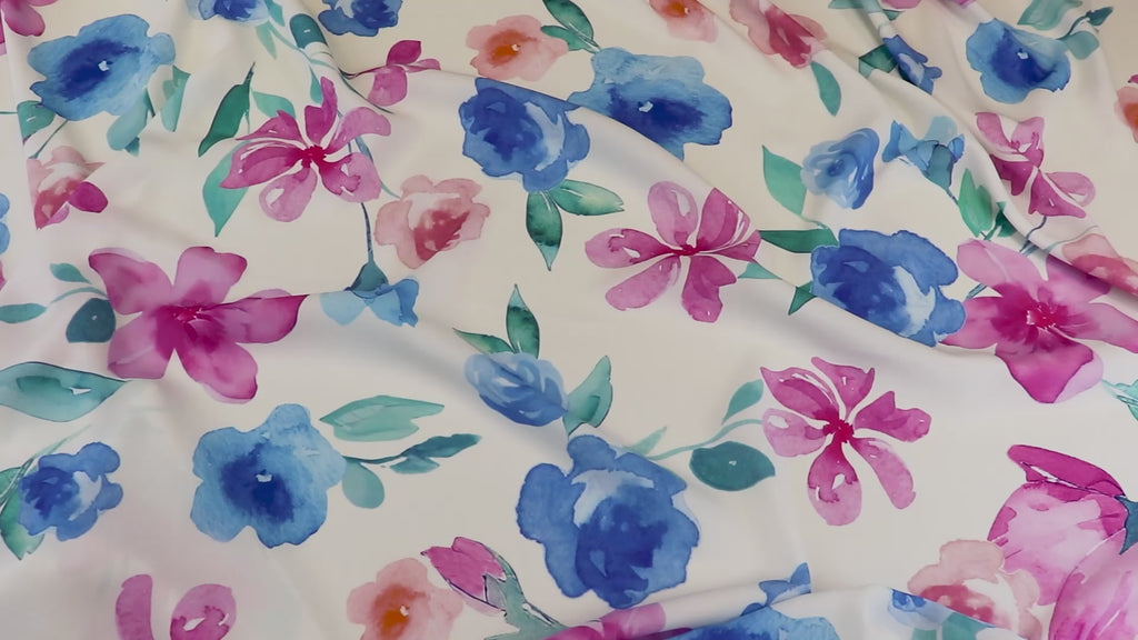 Pink Blue Watercolour Floral Woven Crepe Dress Fabric