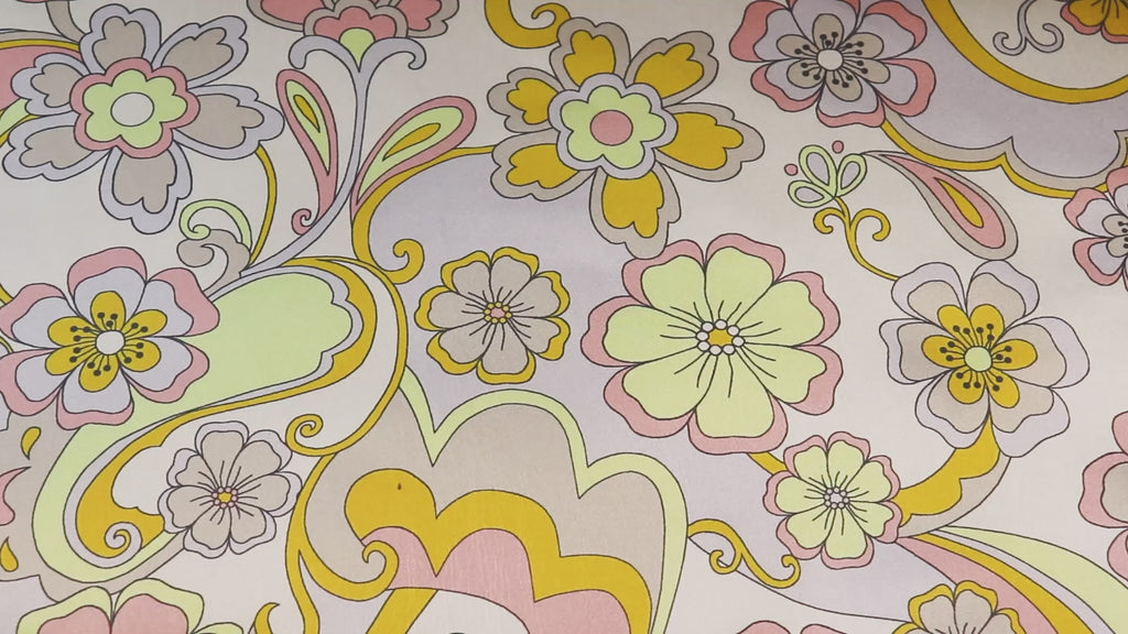 Retro Floral Print Stretch Satin Dress Fabric – Pink Yellow Lilac