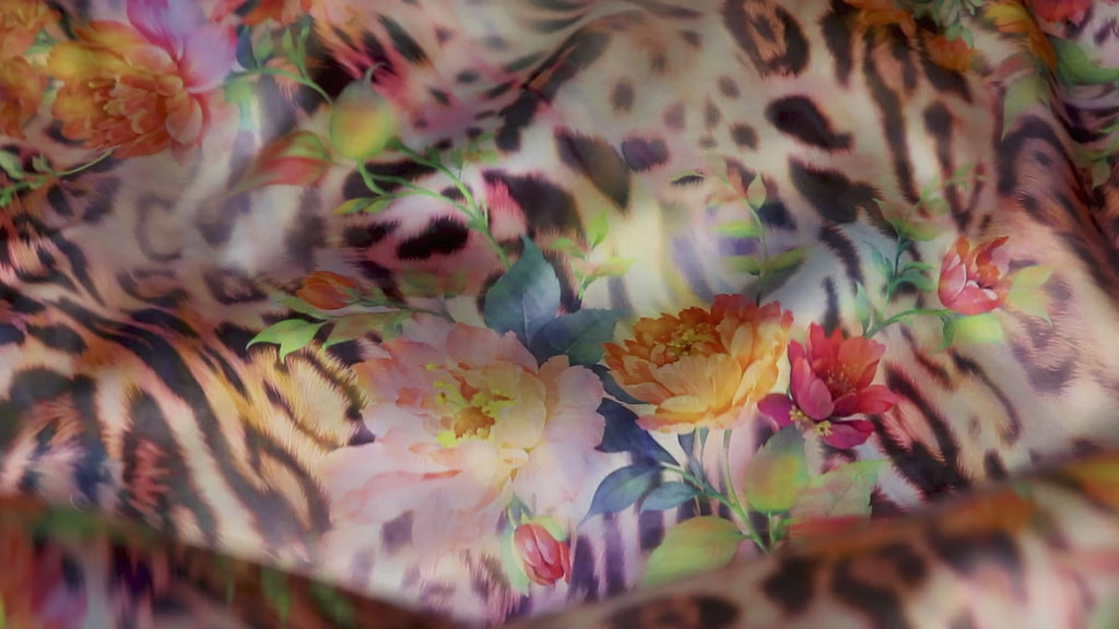 Floral Leopard Animal Print Stretch Satin Dress Fabric