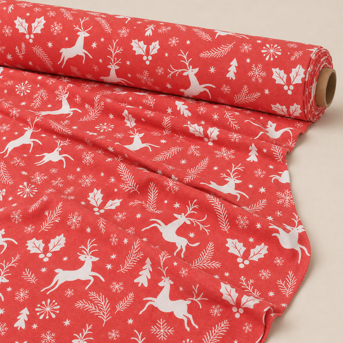Red Reindeer Fabric | White Reindeer & Holly Novelty Print