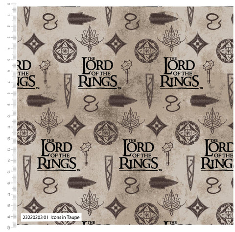 FS982_3 Lord The Of The Rings Icons in Taupe - Cotton | Fabric | Book, Brand, Branded, Characters, Children, comics, Cotton, Fabric, fashion fabric, Logo, Lord, Lord of the Rings, making, Movie, Ring, Rings | Fabric Styles