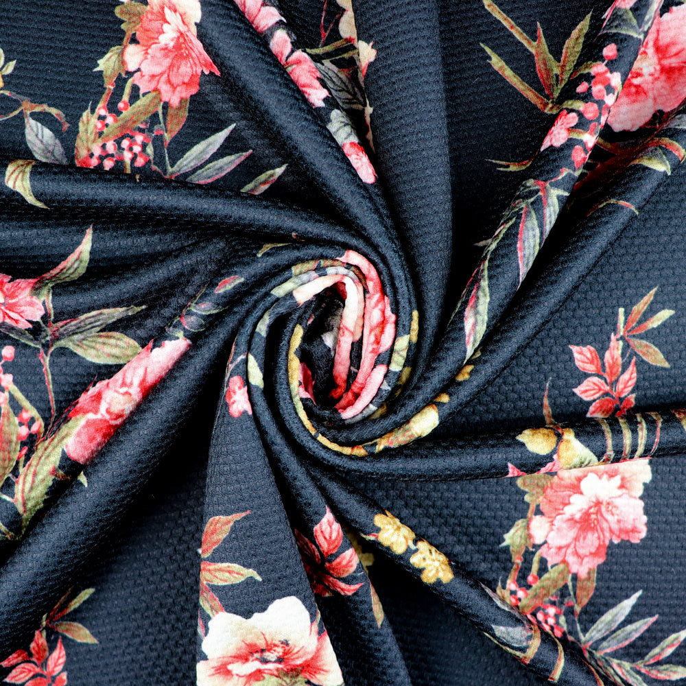 FS955 Black Floral Jacquard | Fabric | Fabric, fashion fabric, Floral, Jacquard, jersey, Purple, Sale, sewing, stretch, White | Fabric Styles