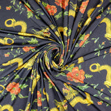 FS702 Dragon Floral Silky Stretch Knit Fabric Black | Fabric | Animal, Dragon, drape, Fabric, fashion fabric, floral, flower, Gold, Sale, sewing, Soft Touch, spandex, Stretchy | Fabric Styles