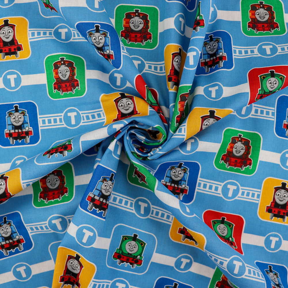 FS907_5 Thomas Character Block | Fabric | Brand, Branded, cartoon, Cartoon Network, Children, comic, comics, Cotton, Engine, Fabric, fashion fabric, Friends, hero, Kids, Light blue, logo, making, Tank, The, Thom, Thomas, Thomas & Friends, Thomas the tank engine, Train | Fabric Styles
