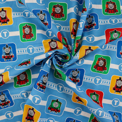 FS907_5 Thomas Character Block | Fabric | Brand, Branded, cartoon, Cartoon Network, Children, comic, comics, Cotton, Engine, Fabric, fashion fabric, Friends, hero, Kids, Light blue, logo, making, Tank, The, Thom, Thomas, Thomas & Friends, Thomas the tank engine, Train | Fabric Styles