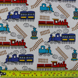 FS771_2 Train Track Polycotton | Fabric | Children, Colourful, drape, Fabric, fashion fabric, FS771, Green, Kids, making, Navy, Poly, Poly Cotton, Sale, sewing, Skirt, Train Track, Unicorn, White | Fabric Styles