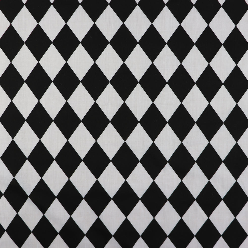 FS687_1 Harlequin | Fabric | Black, Check, drape, Fabric, fashion fabric, Harlequin, making, Poly, Poly Cotton, sewing, Skirt, Squares, Tartan, White | Fabric Styles