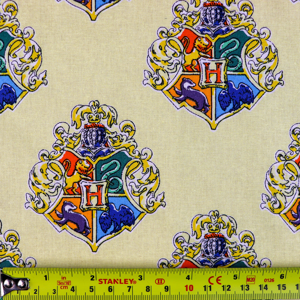 FS635_8 Harry Potter Watercolour Crests | Fabric | Characters, Children, Cotton, Fabric, FS635, Harry Potter, Hogwarts, Yellow | Fabric Styles