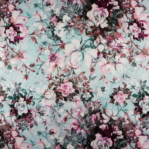 FS1005 Rose Bouquet Scuba Stretch Knit Fabric Mint | Fabric | fabric, floral, mint, pink rose, Printed, roses, scuba | Fabric Styles