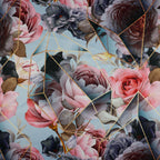 FS1003 Geometric Crystal Peony Scuba Stretch Knit Fabric Grey | Fabric | fabric, Floral, Flower, Flowers, geometric, grey, Limited, pink rose, scuba, tiles | Fabric Styles