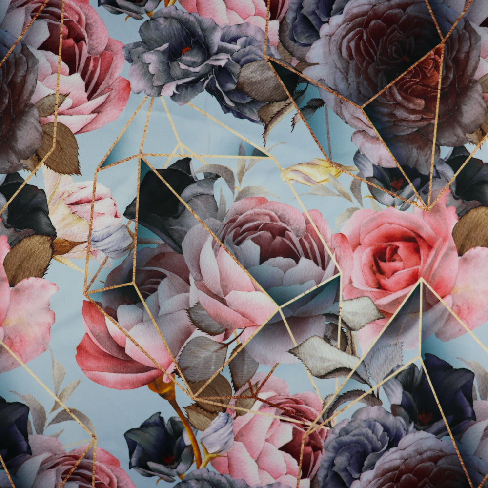 FS1003 Geometric Crystal Peony Scuba Stretch Knit Fabric Grey | Fabric | fabric, Floral, Flower, Flowers, geometric, grey, Limited, pink rose, scuba, tiles | Fabric Styles