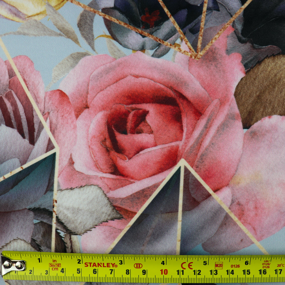 FS1003 Geometric Crystal Peony Scuba Stretch Knit Fabric Grey | Fabric | fabric, Floral, Flower, Flowers, geometric, grey, Limited, pink rose, scuba, tiles | Fabric Styles
