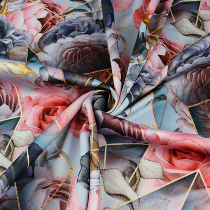 FS1003 Geometric Crystal Peony Scuba Stretch Knit Fabric Grey | Fabric | fabric, Floral, Flower, Flowers, geometric, grey, Limited, pink rose, scuba, tiles | Fabric Styles