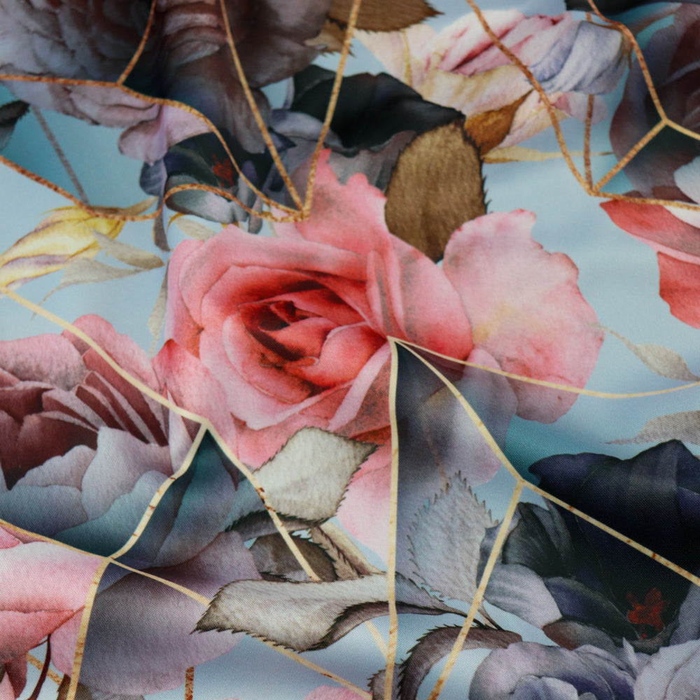 FS1003 Geometric Crystal Peony Scuba Stretch Knit Fabric Grey | Fabric | fabric, Floral, Flower, Flowers, geometric, grey, Limited, pink rose, scuba, tiles | Fabric Styles