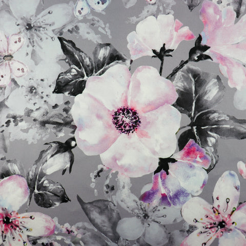 FS1004 Floral Bloom Scuba Stretch Knit Fabric Grey | Fabric | Bloom, fabric, floral, Flowers, grey, pink, scuba, Stretch | Fabric Styles