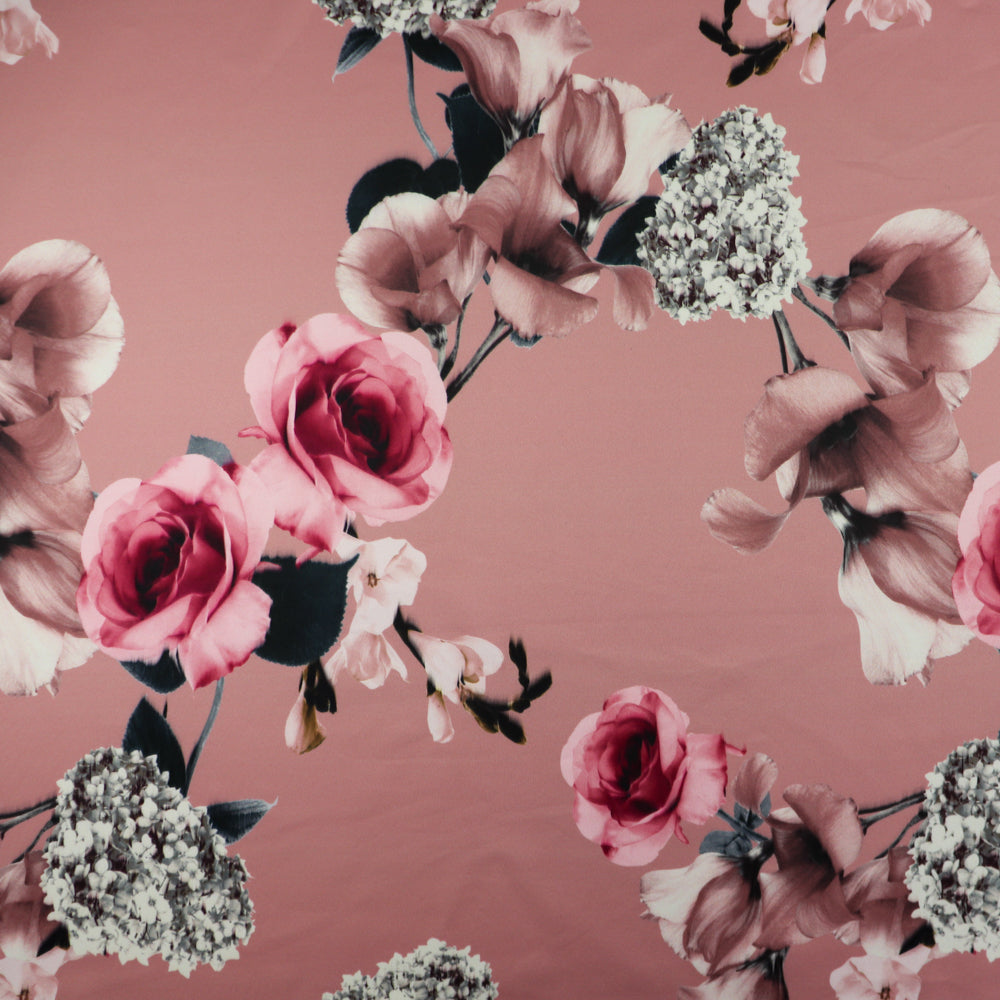 FS1029 Floral Stretch Knit Fabric Black Beige Dusty Pink | Fabric | drape, Fabric, fashion fabric, Floral, Flower, Flowers, Ivory, making, Pink, Rose, Scuba, sewing, Stretchy, White | Fabric Styles