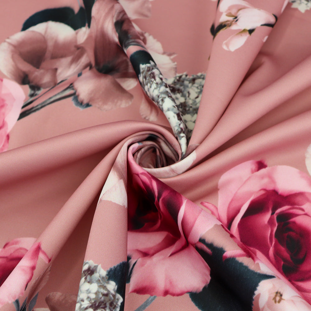 FS1029 Floral Stretch Knit Fabric Black Beige Dusty Pink | Fabric | drape, Fabric, fashion fabric, Floral, Flower, Flowers, Ivory, making, Pink, Rose, Scuba, sewing, Stretchy, White | Fabric Styles
