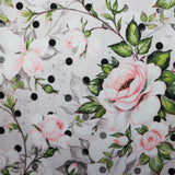 FS1010 Watercolour Blossoms Scuba Stretch Knit Fabric Light Grey | Fabric | fabric, floral, flowers, grey, pink, polka dots, rose, roses, scuba, spots, watercolour | Fabric Styles