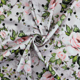 FS1010 Watercolour Blossoms Scuba Stretch Knit Fabric Light Grey | Fabric | fabric, floral, flowers, grey, pink, polka dots, rose, roses, scuba, spots, watercolour | Fabric Styles