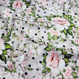 FS1010 Watercolour Blossoms Scuba Stretch Knit Fabric Light Grey | Fabric | fabric, floral, flowers, grey, pink, polka dots, rose, roses, scuba, spots, watercolour | Fabric Styles