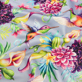 FS1006 Humming Bird Floral Scuba Stretch Knit Fabric Lilac | Fabric | bird, Birds, fabric, floral, Humming, Humming bird, Lilac, pink rose, scuba | Fabric Styles