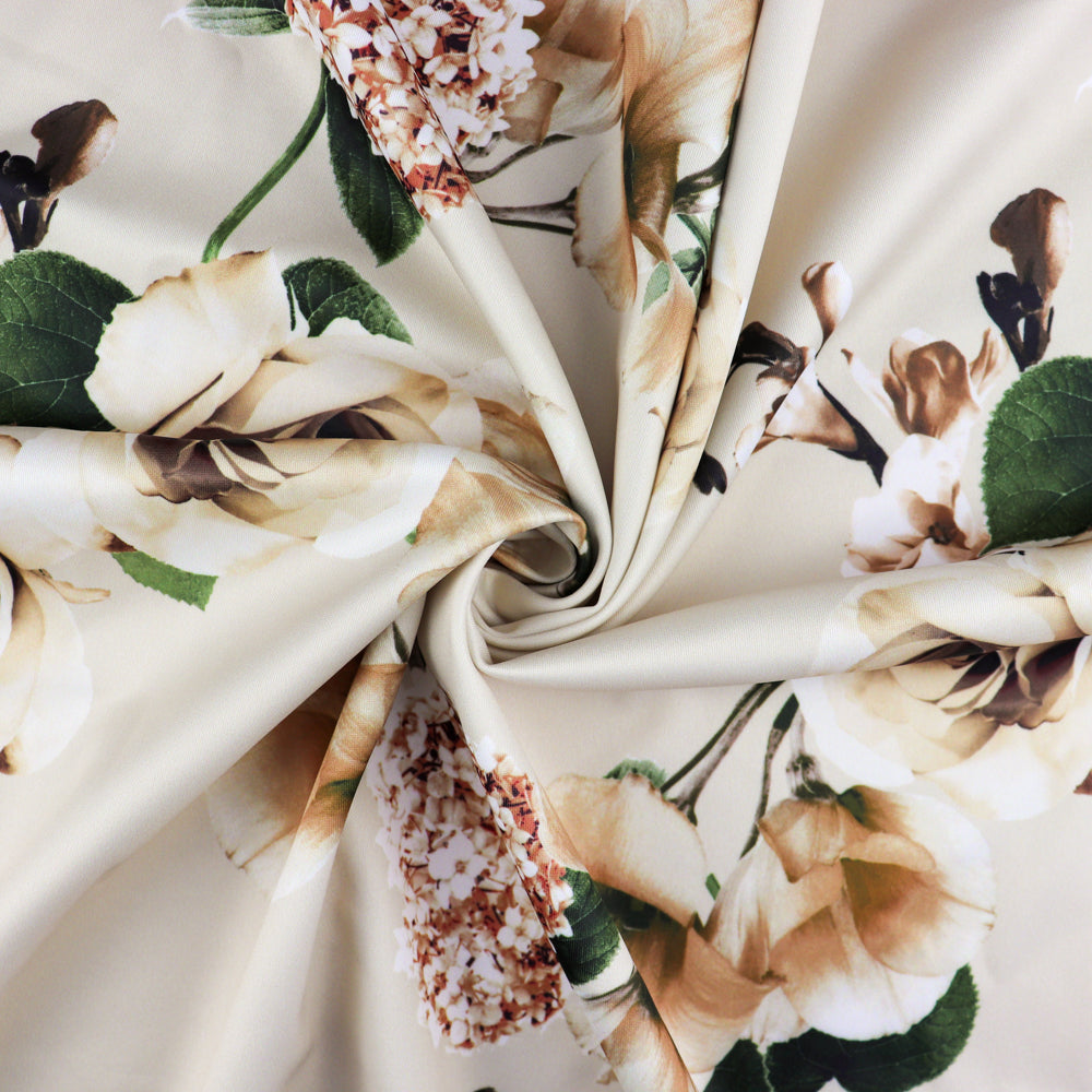 FS1029 Floral Stretch Knit Fabric Black Beige Dusty Pink | Fabric | drape, Fabric, fashion fabric, Floral, Flower, Flowers, Ivory, making, Pink, Rose, Scuba, sewing, Stretchy, White | Fabric Styles