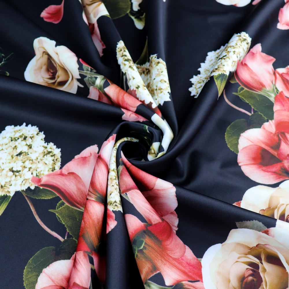 FS1029 Floral Stretch Knit Fabric Black Beige Dusty Pink | Fabric | drape, Fabric, fashion fabric, Floral, Flower, Flowers, Ivory, making, Pink, Rose, Scuba, sewing, Stretchy, White | Fabric Styles