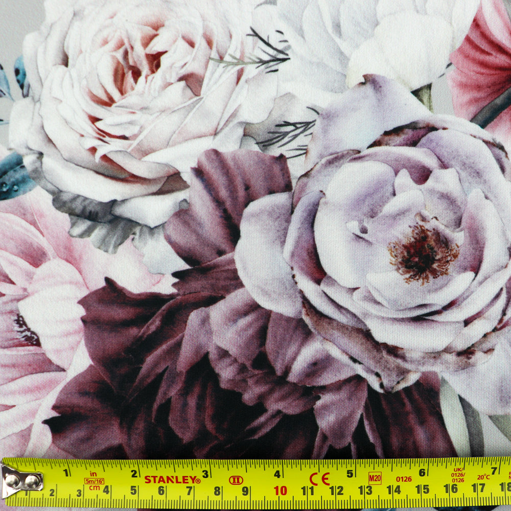 FS1056 Rose Perfection Floral Stretch Knit Fabric Grey | Fabric | Fabric, fashion fabric, floral, Flower, Rose, scuba, sewing, vintage | Fabric Styles