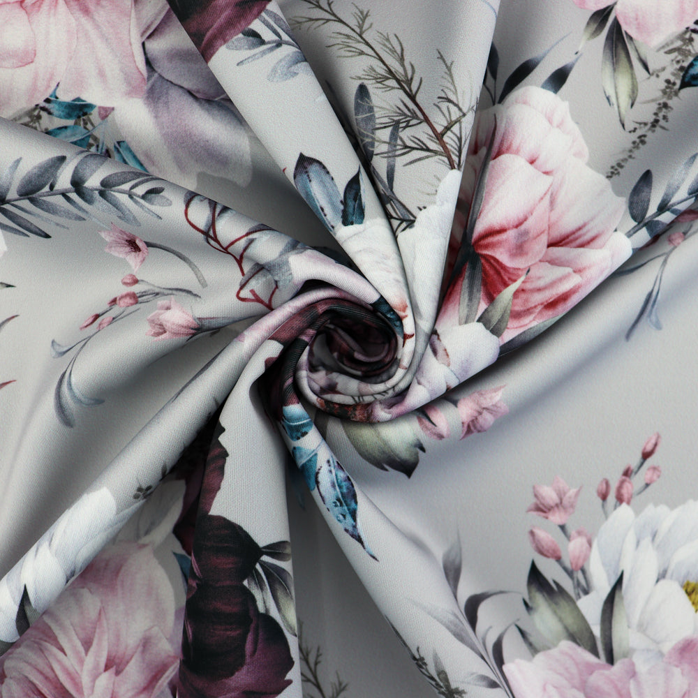 FS1056 Rose Perfection Floral Stretch Knit Fabric Grey | Fabric | Fabric, fashion fabric, floral, Flower, Rose, scuba, sewing, vintage | Fabric Styles
