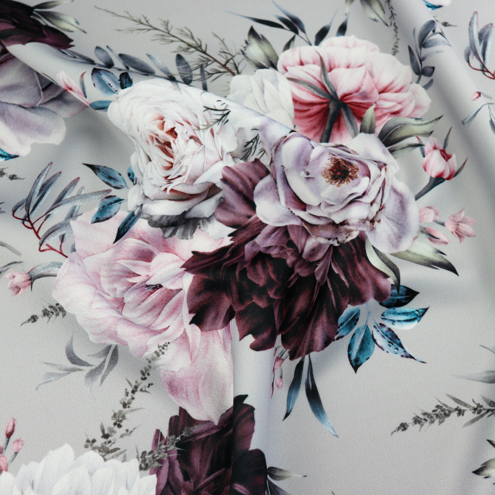 FS1056 Rose Perfection Floral Stretch Knit Fabric Grey | Fabric | Fabric, fashion fabric, floral, Flower, Rose, scuba, sewing, vintage | Fabric Styles