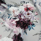 FS1056 Rose Perfection Floral Stretch Knit Fabric Grey | Fabric | Fabric, fashion fabric, floral, Flower, Rose, scuba, sewing, vintage | Fabric Styles