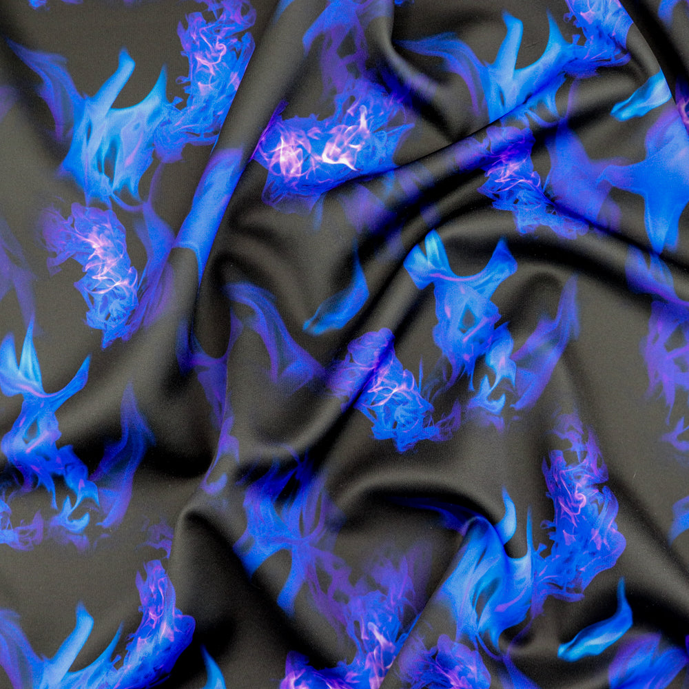 FS1074 Hot Flames Stretch Knit Fabric Fuchsia Blue Green Orange | Fabric | Blue, Conversational, Fabric, fashion fabric, Fire, Flames, Fuchsia, Green, Hot, kids, kitten, Orange, Pink, scuba, sewing | Fabric Styles