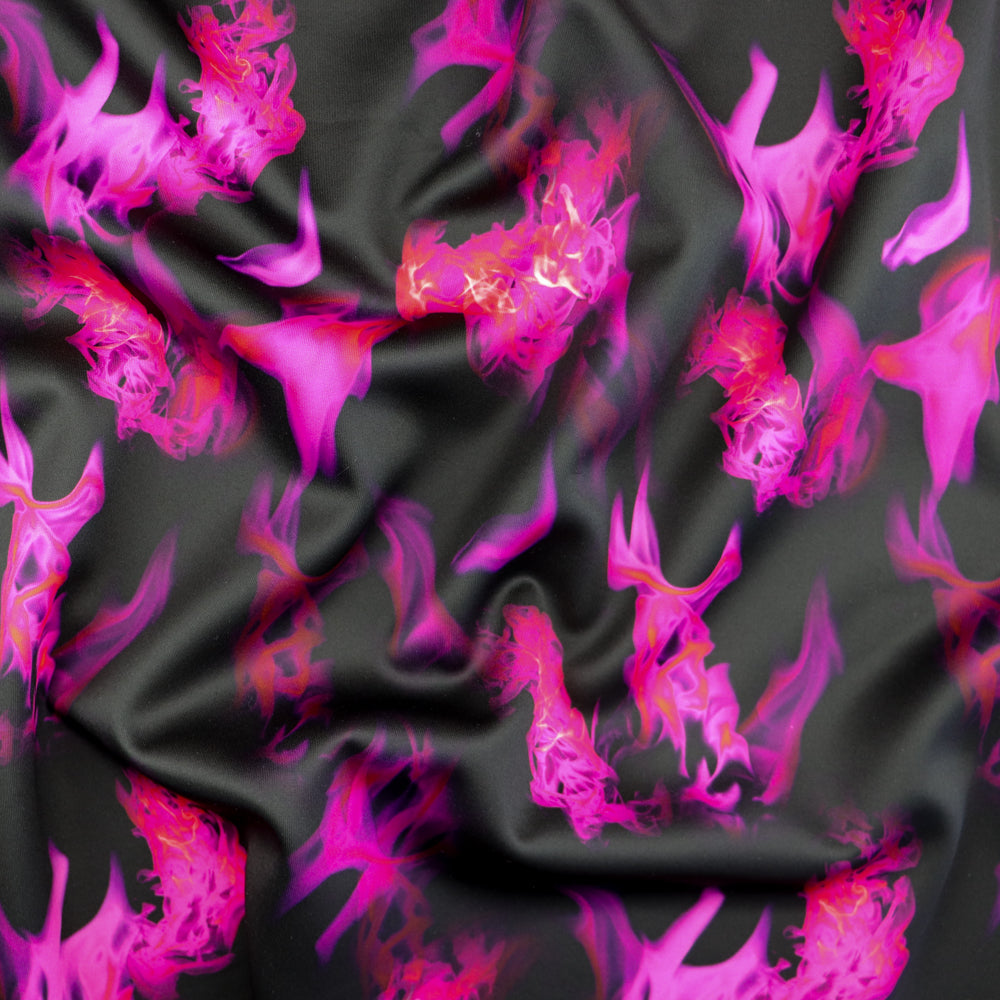 FS1074 Hot Flames Stretch Knit Fabric Fuchsia Blue Green Orange | Fabric | Blue, Conversational, Fabric, fashion fabric, Fire, Flames, Fuchsia, Green, Hot, kids, kitten, Orange, Pink, scuba, sewing | Fabric Styles