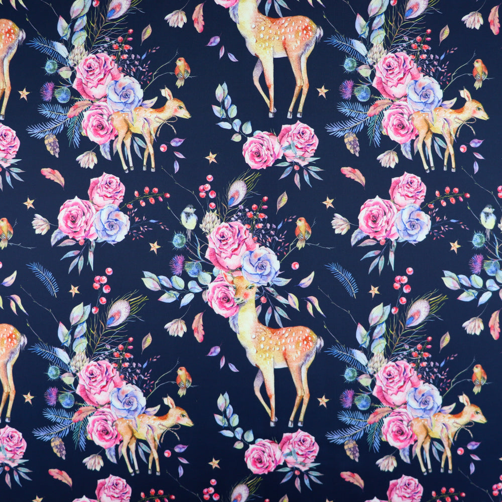 FS1057 Floral Doe Stretch Knit Fabric Navy | Fabric | Animal, deer, fabric, floral, Navy, rose, scuba | Fabric Styles