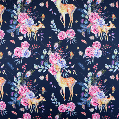 FS1057 Floral Doe Stretch Knit Fabric Navy | Fabric | Animal, deer, fabric, floral, Navy, rose, scuba | Fabric Styles