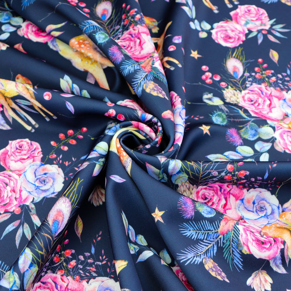 FS1057 Floral Doe Stretch Knit Fabric Navy | Fabric | Animal, deer, fabric, floral, Navy, rose, scuba | Fabric Styles