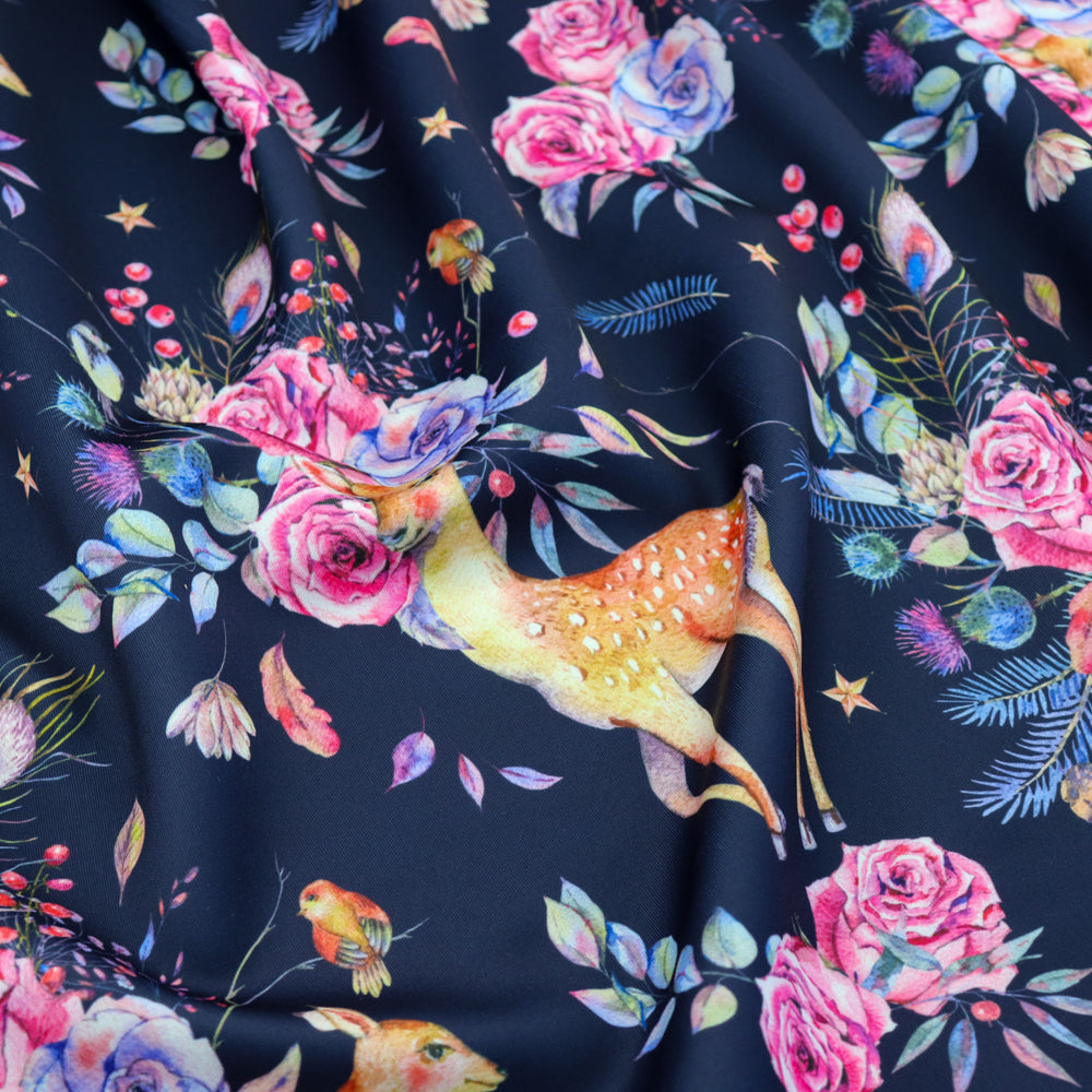 FS1057 Floral Doe Stretch Knit Fabric Navy | Fabric | Animal, deer, fabric, floral, Navy, rose, scuba | Fabric Styles