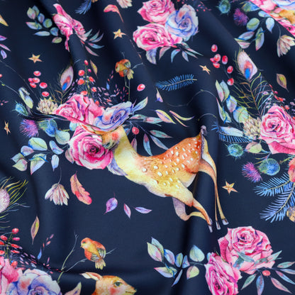 FS1057 Floral Doe Stretch Knit Fabric Navy | Fabric | Animal, deer, fabric, floral, Navy, rose, scuba | Fabric Styles