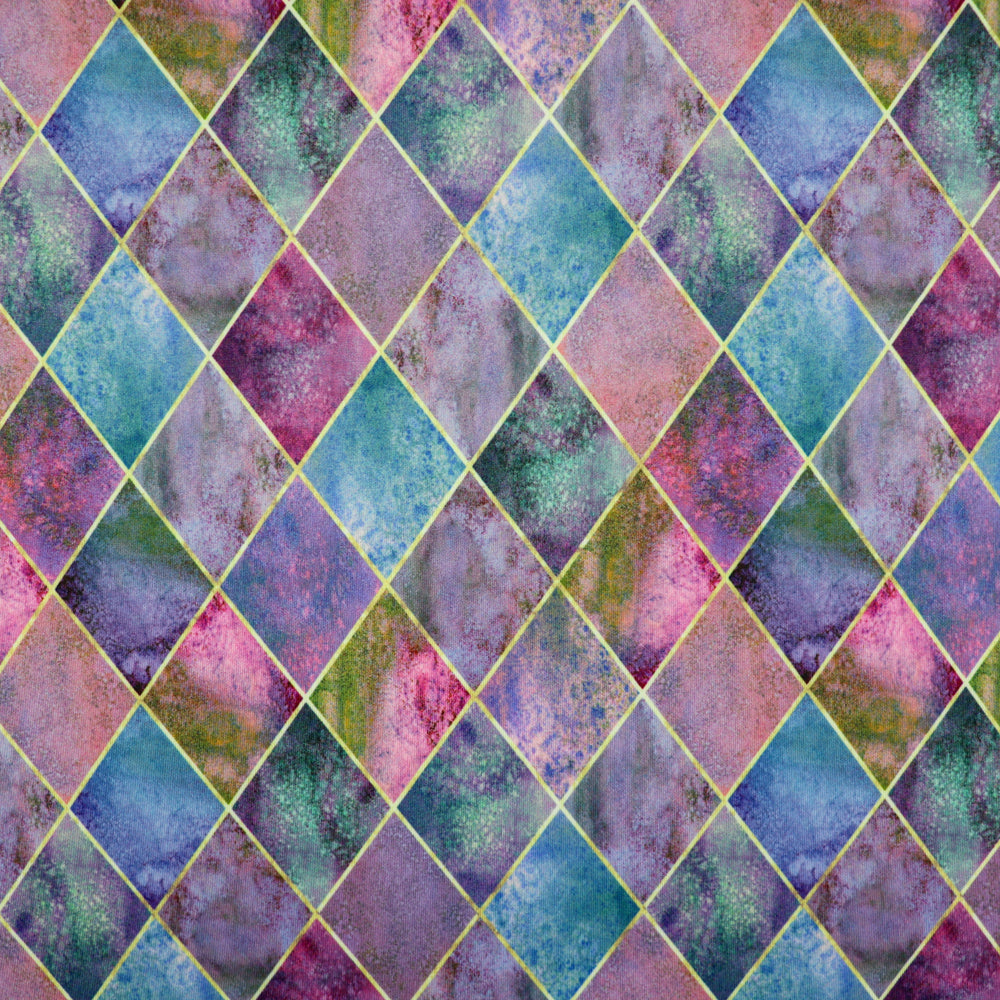 FS1055 Diamond Tiles Stretch Knit Fabric | Fabric | blue, Diamond, drape, Fabric, fashion fabric, geometric, Gold, making, pink, Scuba, sewing, Stretchy, Tie Dye, Tile | Fabric Styles