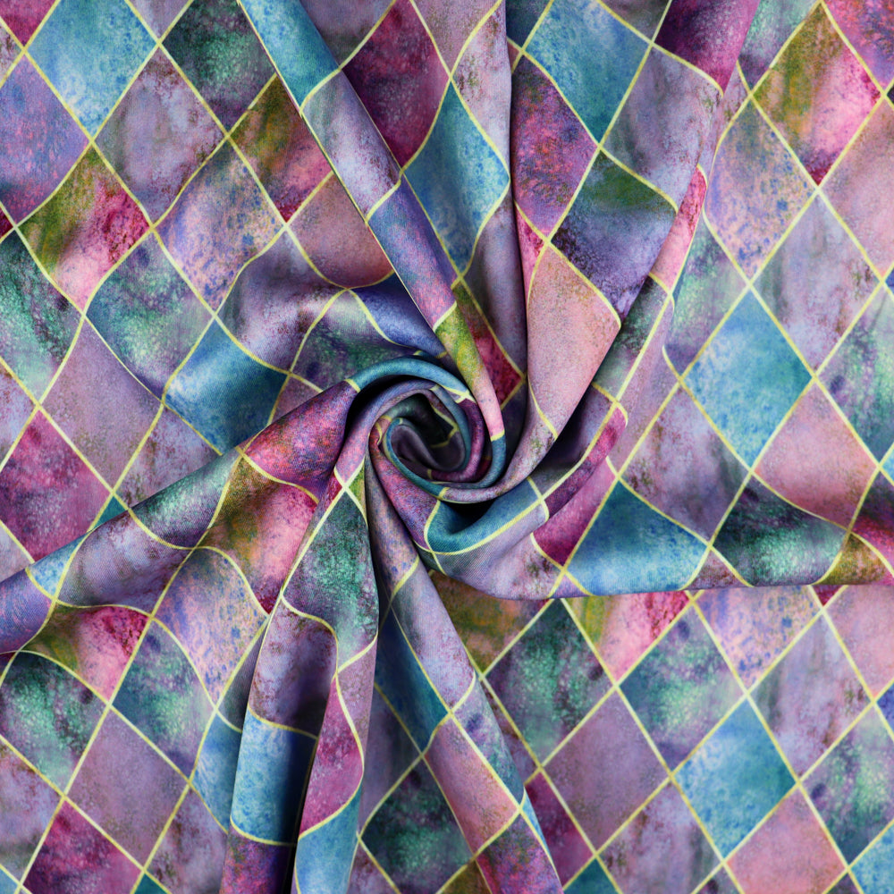 FS1055 Diamond Tiles Stretch Knit Fabric | Fabric | blue, Diamond, drape, Fabric, fashion fabric, geometric, Gold, making, pink, Scuba, sewing, Stretchy, Tie Dye, Tile | Fabric Styles