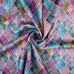 FS1055 Diamond Tiles Stretch Knit Fabric | Fabric | blue, Diamond, drape, Fabric, fashion fabric, geometric, Gold, making, pink, Scuba, sewing, Stretchy, Tie Dye, Tile | Fabric Styles