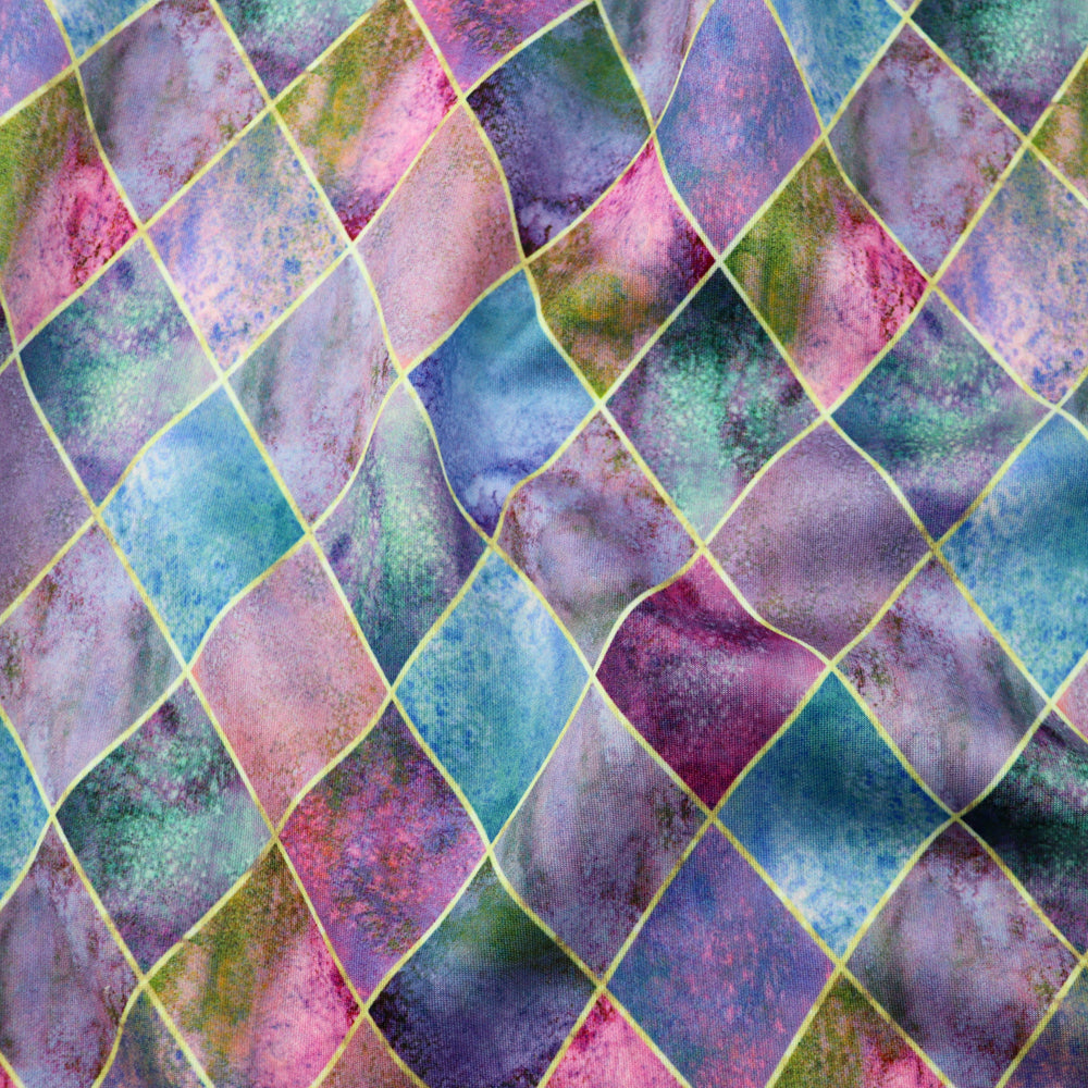 FS1055 Diamond Tiles Stretch Knit Fabric | Fabric | blue, Diamond, drape, Fabric, fashion fabric, geometric, Gold, making, pink, Scuba, sewing, Stretchy, Tie Dye, Tile | Fabric Styles