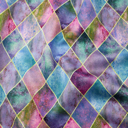 FS1055 Diamond Tiles Stretch Knit Fabric | Fabric | blue, Diamond, drape, Fabric, fashion fabric, geometric, Gold, making, pink, Scuba, sewing, Stretchy, Tie Dye, Tile | Fabric Styles