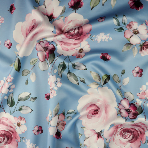 FS1090 Botanic Floral Scuba Stretch Fabric | Fabric | Beach Dress, blue, Cami Dress, fabric, flower, Flowers, materia, material, rose floral, roses, scuba, summer, Summer Dress | Fabric Styles