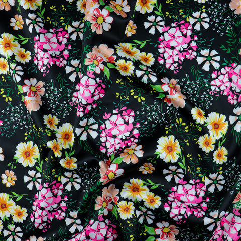 FS1099 Floral Scuba Stretch Fabric | Fabric | black, daisy, double knit, fabric, fashion, floral, flowers, knit, material, scuba, stretch | Fabric Styles