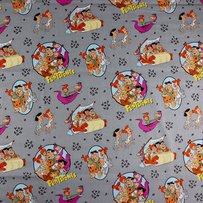 FS802 The Flintstones Cotton Fabric Grey | Fabric | Blue, Brand, Branded, Children, Cotton, drape, Fabric, fashion fabric, Flinstone, Flinstones, Grey, Grey Base, hero, Kids, logo, sewing | Fabric Styles
