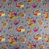 FS802 The Flintstones Cotton Fabric Grey | Fabric | Blue, Brand, Branded, Children, Cotton, drape, Fabric, fashion fabric, Flinstone, Flinstones, Grey, Grey Base, hero, Kids, logo, sewing | Fabric Styles