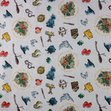 FS635_23 Harry Potter Hogwarts Accessories Icons Cotton Fabric Beige | Fabric | Children, Cotton, Fabric, FS635, Harry Potter, Hogwarts | Fabric Styles