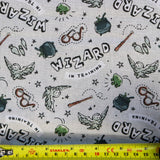 FS635_29 Harry Potter – Wizard in Training Grey Cotton Fabric | Fabric | Broomstick, Children, Cotton, Fabric, FS635, Grey, Harry Potter, Hogwarts, licensed, New, Seeker, Training, witch, Wizard, Wizard in training | Fabric Styles