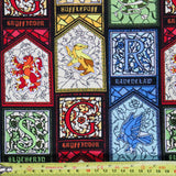 FS635_28 Harry Potter – Stained Glass Houses Cotton Fabric | Fabric | Broomstick, Children, Cotton, Fabric, FS635, Harry Potter, Hogwarts, licensed, New, Seeker, Training, witch | Fabric Styles